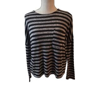 Lucky Brand Sweater Black Gray Pullover Striped Crewneck Pocket Size XS